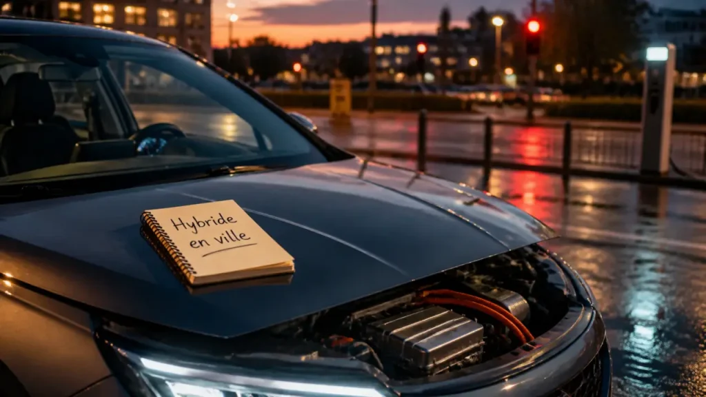 Voiture hybride en ville : avantages et inconvénients, parking au crépuscule