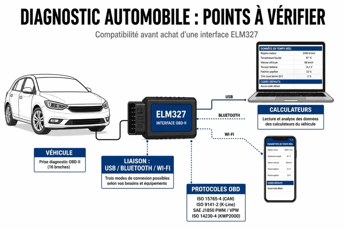 Logiciel de diagnostic automobile : schéma simplifié de compatibilité entre voiture, interface ELM327 et ordinateur