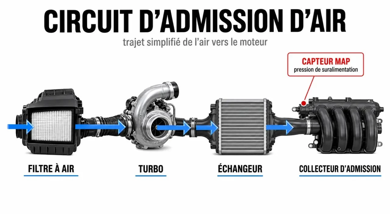 Où se trouve le capteur de pression de suralimentation sur le circuit d’admission d’une voiture