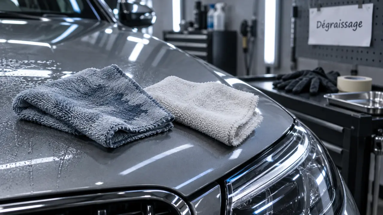 Dégraisser carrosserie avec dégraissant et essuyage immédiat à la microfibre