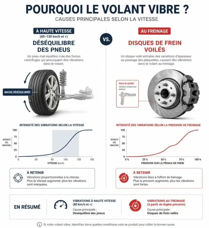 Infographie des causes de volant qui tremble selon la vitesse