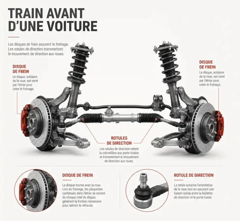 Schéma technique des composants du train avant pouvant causer un volant qui tremble