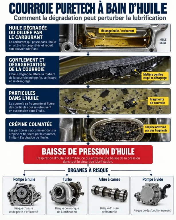 Infographie sur les risques de la courroie PureTech à bain d'huile et la baisse de pression d'huile
