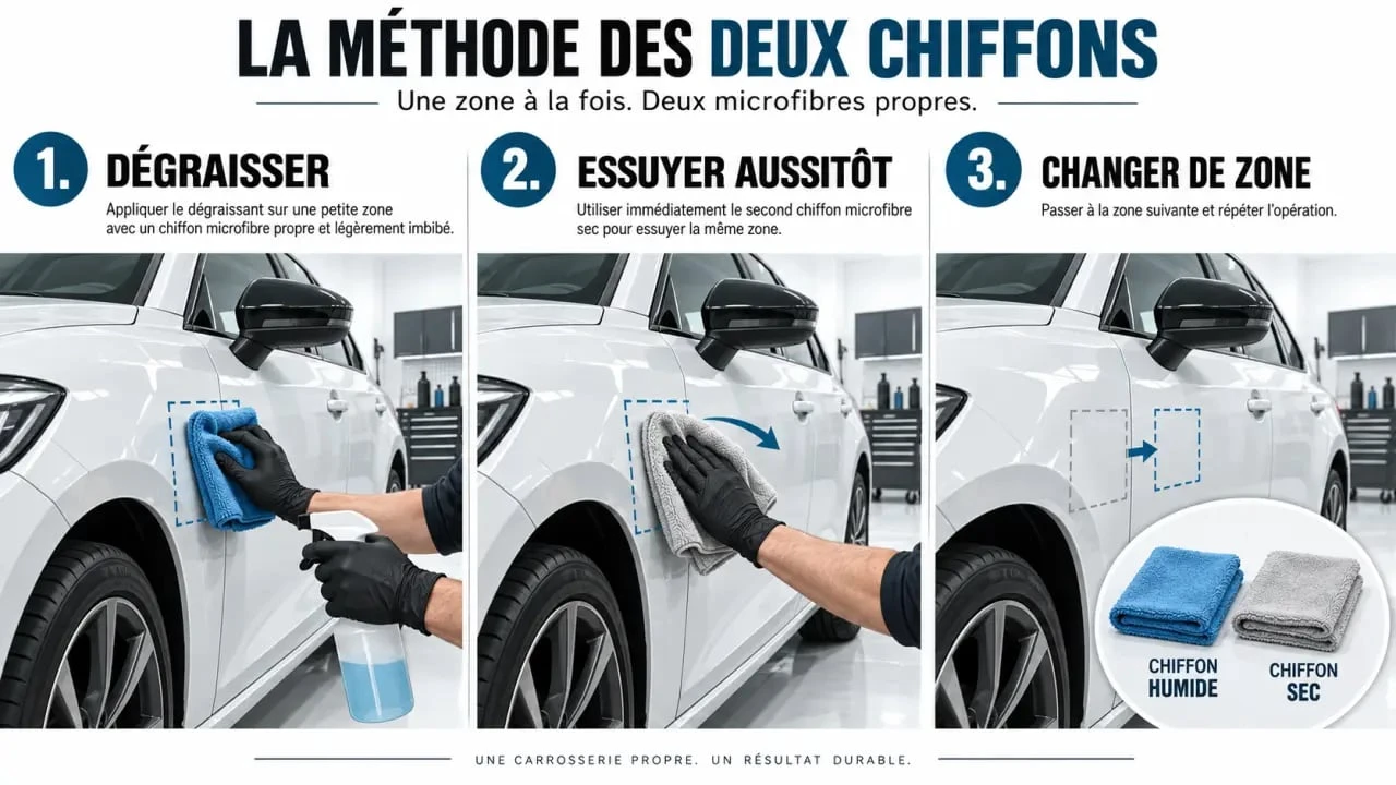 Méthode des deux chiffons pour dégraisser une carrosserie avant peinture
