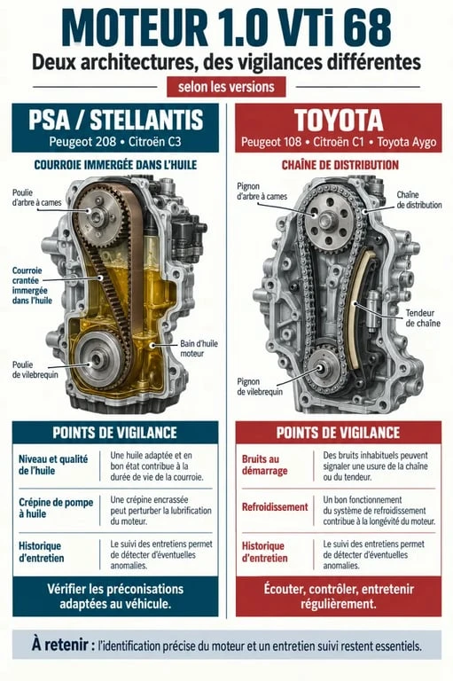 Infographie sur la fiabilité moteur 1.0 VTi 68 et la différence entre courroie PSA et chaîne Toyota