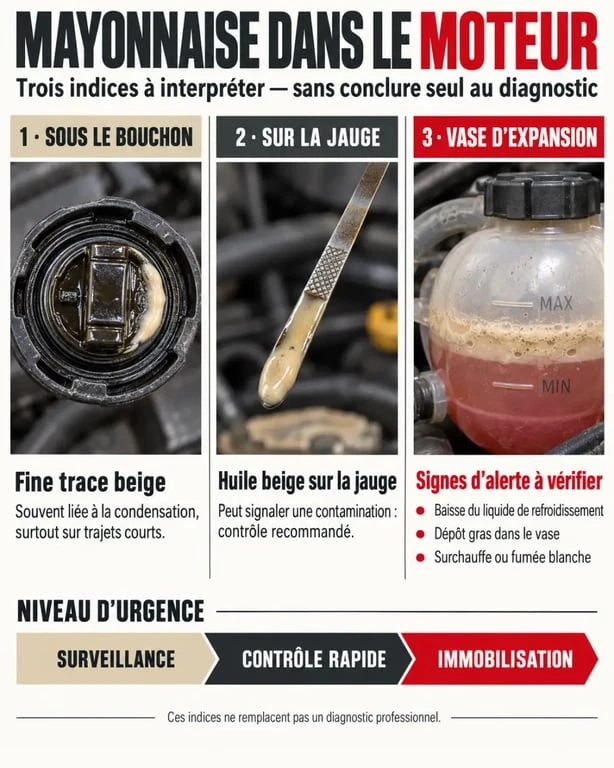 Infographie mayonnaise joint de culasse : condensation, huile contaminée et signes d'urgence