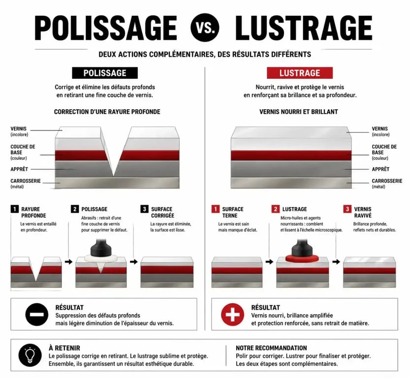 Comparatif visuel entre polissage et lustrage voiture pour comprendre l'entretien de la carrosserie