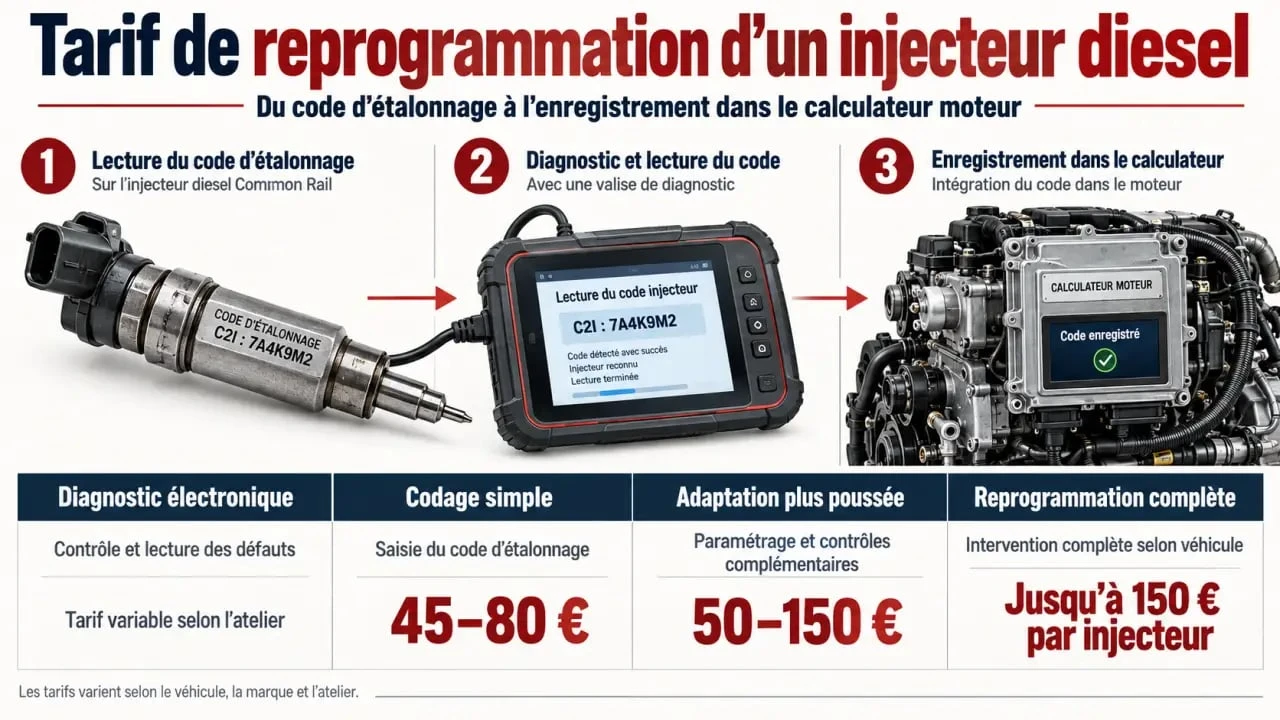 Infographie sur le tarif de reprogrammation d’un injecteur diesel et le codage avec une valise de diagnostic