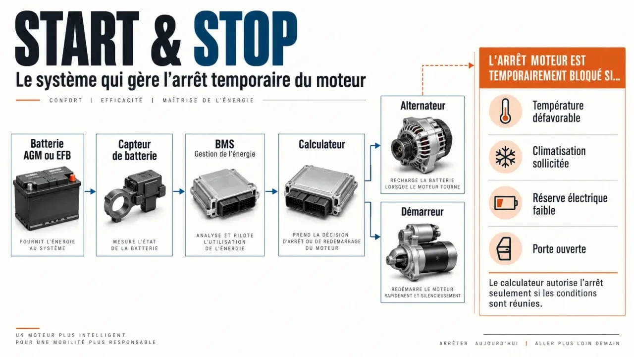Start and Stop ne fonctionne plus : schéma du rôle de la batterie, du BMS et des capteurs