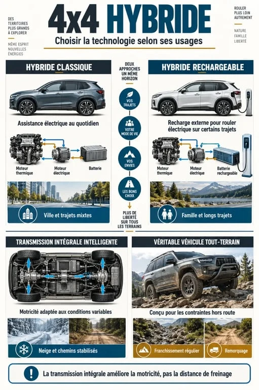 Infographie comparative des technologies et usages d’un 4x4 hybride