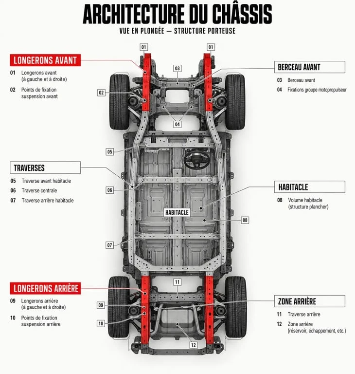 Schéma des longerons avant et arrière d'une voiture sur le châssis