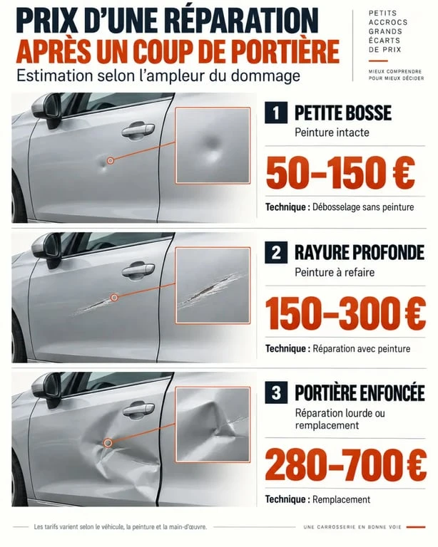 Infographie sur le réparation coup de portière prix selon le niveau de dommage et la technique utilisée