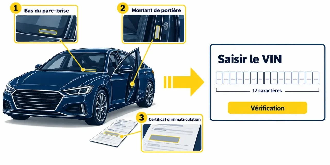 Vin decoder gratuit : illustration des emplacements du VIN et de la saisie des 17 caractères