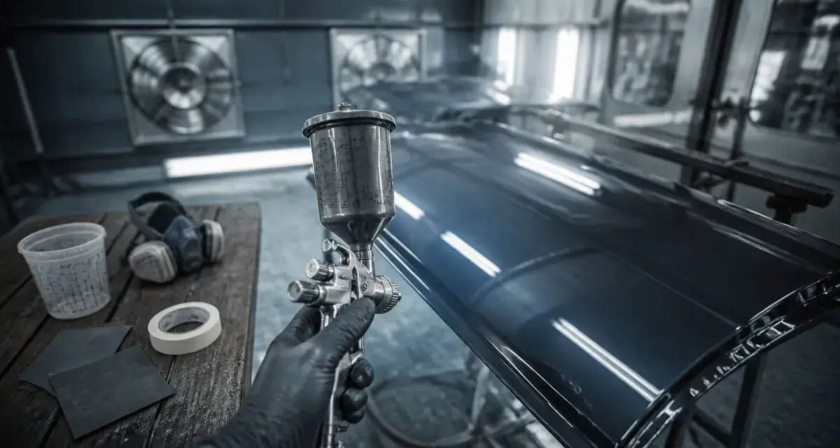 Vernis pour automobile en atelier : surface miroir fraîchement vernie