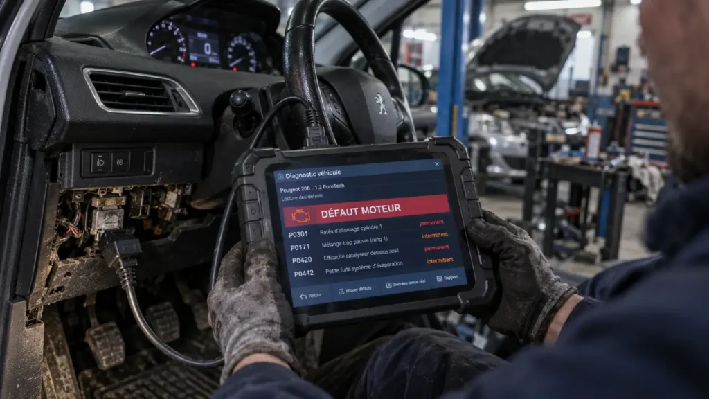 Défaut moteur 208, mécanicien branchant un OBD2 pour diagnostiquer l’alerte moteur