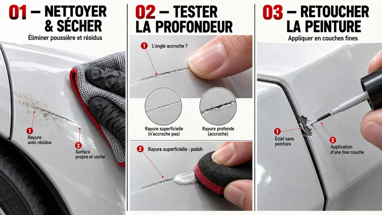 Étapes pour effacer une rayure sur carrosserie avec nettoyage, test de profondeur, polish et retouche de peinture