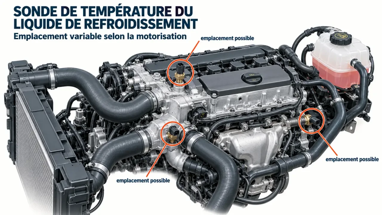 Emplacement possible de la sonde de température du liquide de refroidissement près du boîtier de thermostat