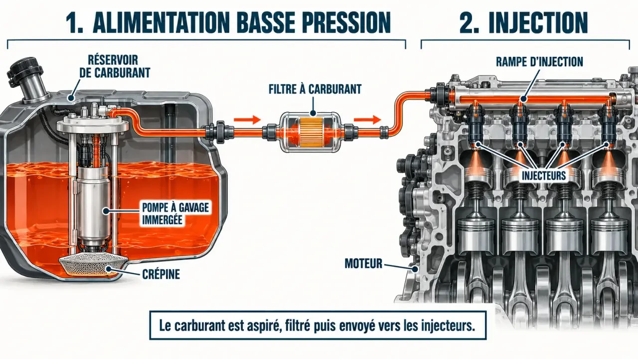 Schéma du circuit d'une pompe à gavage, du réservoir aux injecteurs