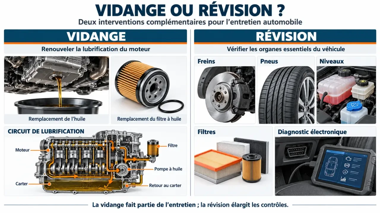 Infographie vidange ou révision automobile : différences entre huile, filtre et contrôles de sécurité
