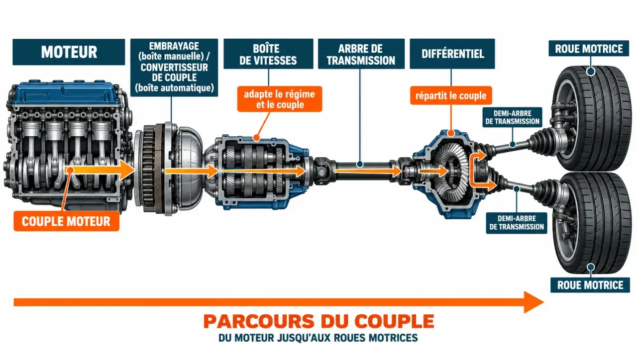 Schéma simplifié du fonctionnement de la transmission voiture, du moteur aux roues motrices