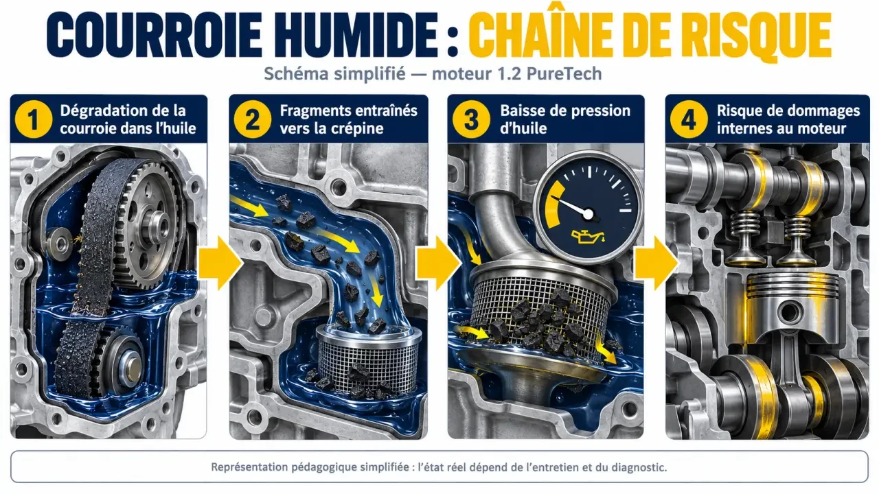 Schéma explicatif de la fiabilité Peugeot 208 1.2 PureTech 100 et du risque lié à la courroie humide
