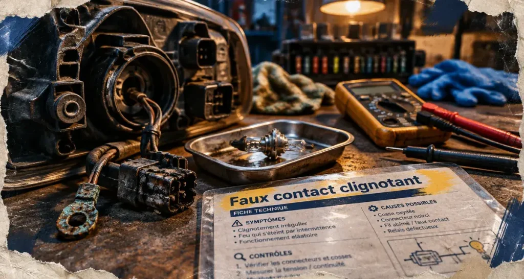 Faux contact clignotant : cosse oxydée et connecteur noirci (diagnostic)