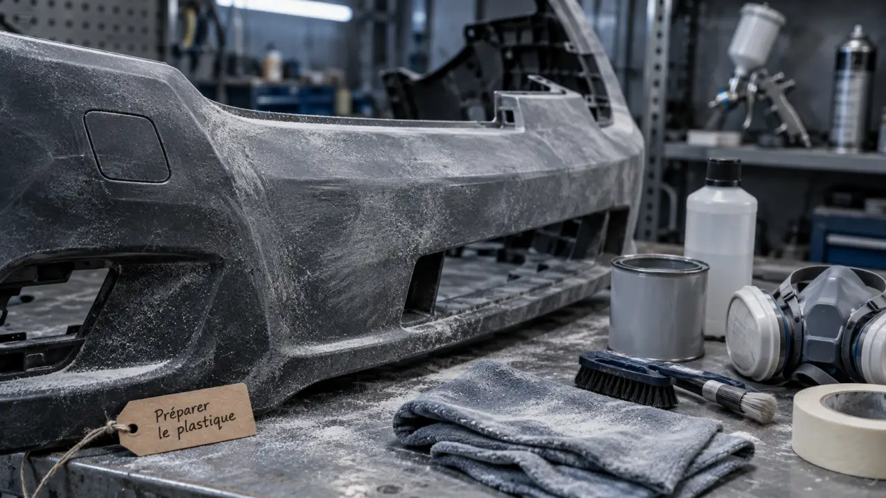 Peindre du plastique voiture : pare-chocs poncé et préparation avant peinture