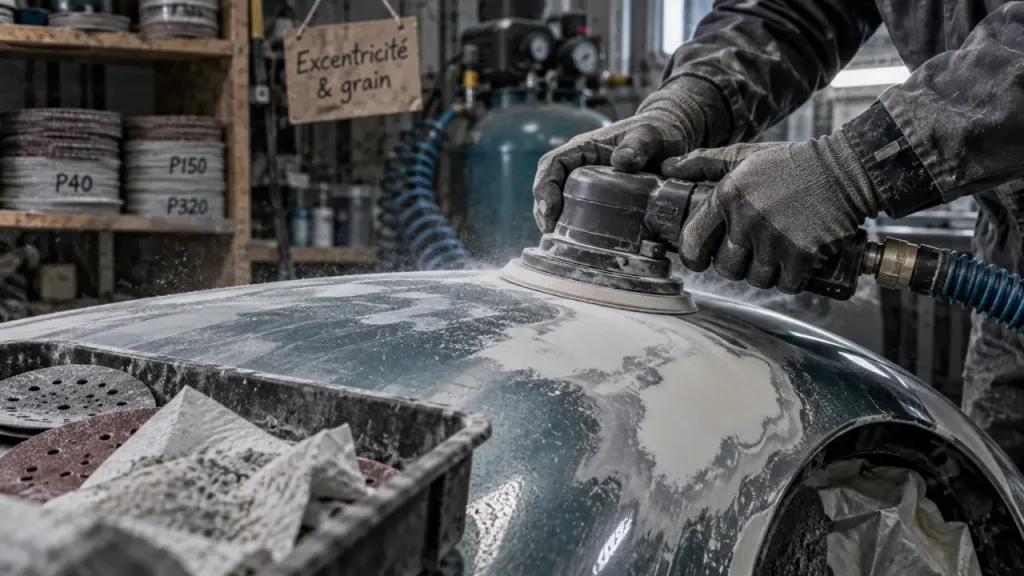 Ponceuse carrosserie excentrique : excentricité et plateau abrasif
