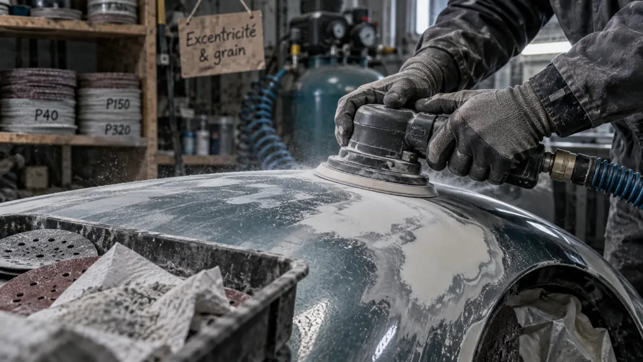 Ponceuse carrosserie excentrique : excentricité et plateau abrasif